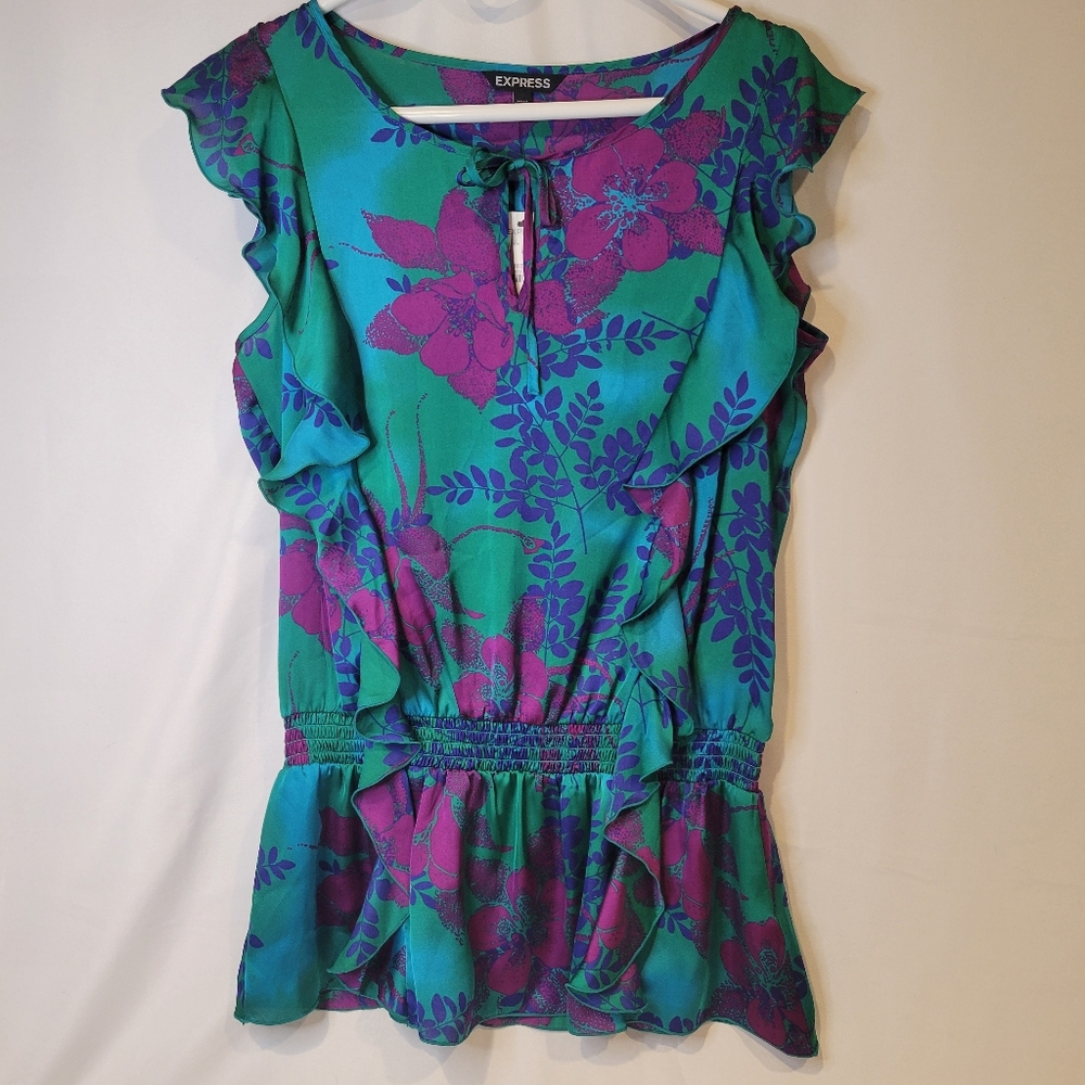 Express Green and Purple Ruffled Smocked Blouse